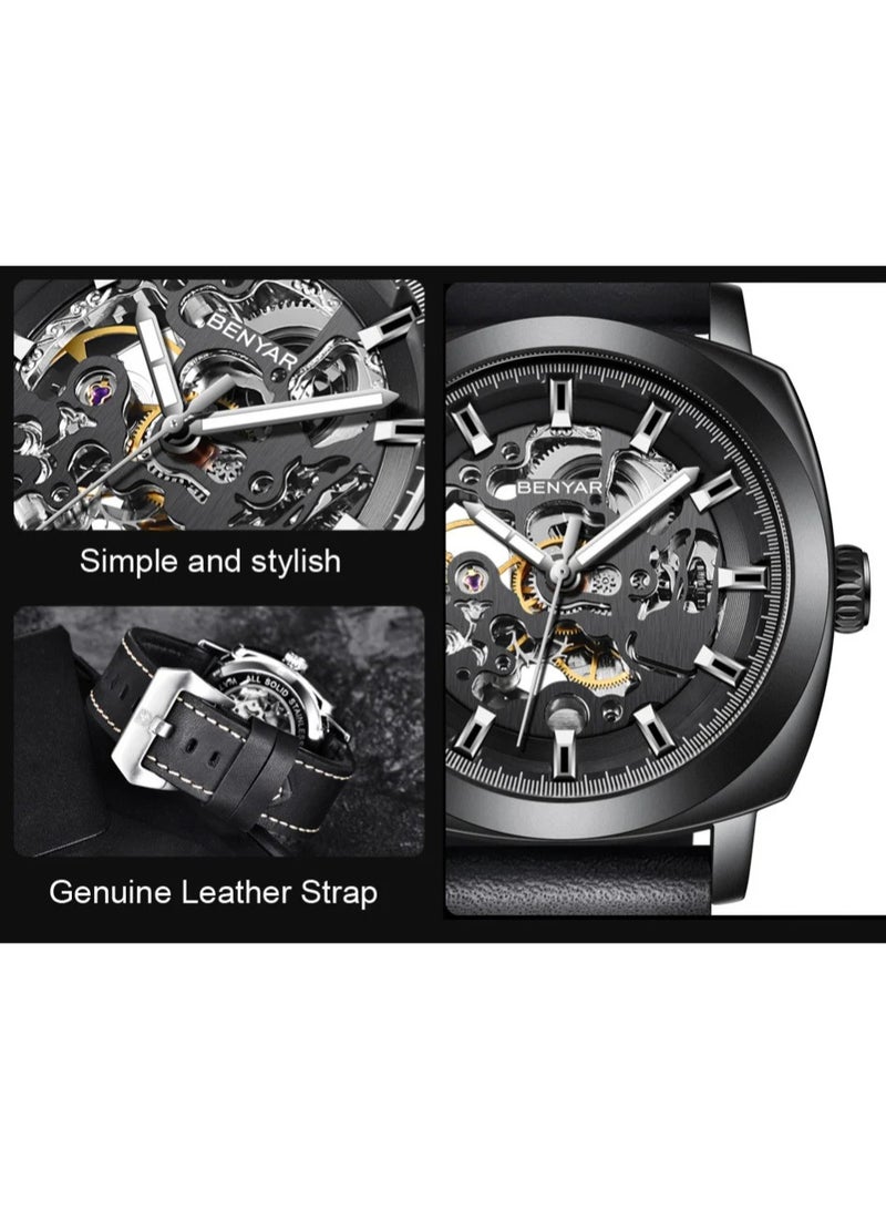 BENYAR Automatic Watches for Men | Skeleton Mechanical Leather Strap Mens Watch | 45mm Dial | 30M Waterproof | Men's Stylish Gift - Image 4