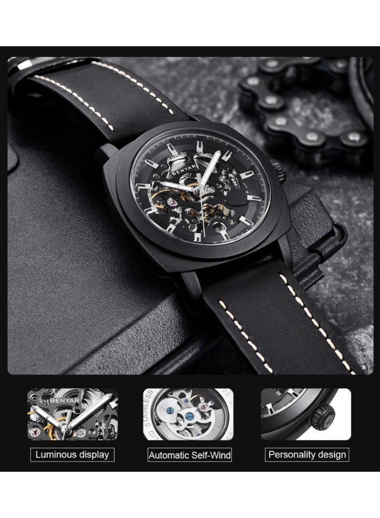 BENYAR Automatic Watches for Men | Skeleton Mechanical Leather Strap Mens Watch | 45mm Dial | 30M Waterproof | Men's Stylish Gift - Image 5