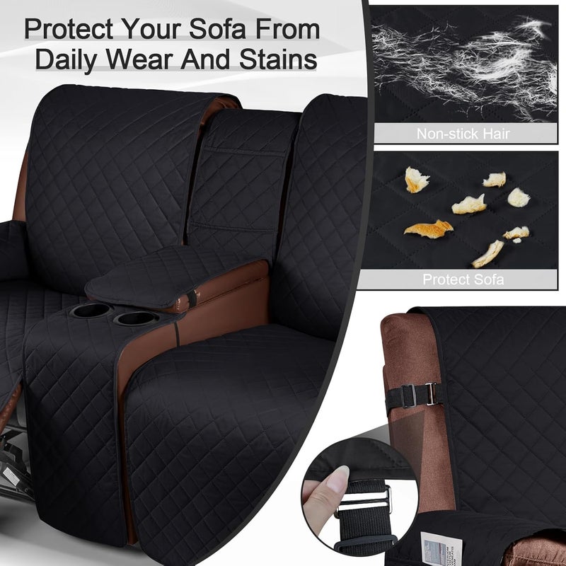 KinCam 100 Waterproof Recliner Loveseat Cover with Console NonSlip Reclining Couch Covers for 2 Seat Recliner Sofa Cover Furniture Protector with Elastic Straps for Kids Pets Black - Image 4