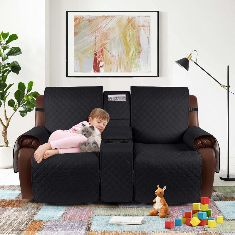 KinCam 100 Waterproof Recliner Loveseat Cover with Console NonSlip Reclining Couch Covers for 2 Seat Recliner Sofa Cover Furniture Protector with Elastic Straps for Kids Pets Black - Image 5