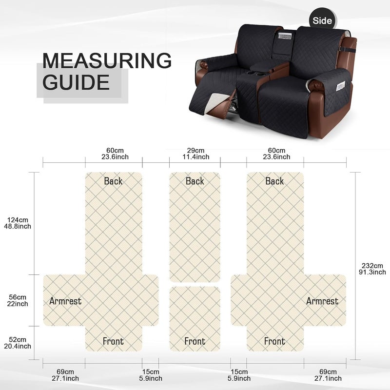 KinCam 100 Waterproof Recliner Loveseat Cover with Console NonSlip Reclining Couch Covers for 2 Seat Recliner Sofa Cover Furniture Protector with Elastic Straps for Kids Pets Black - Image 3