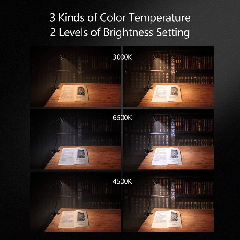 CeSunlight Clamp Desk Lamp, Clip on Reading Light, 3000-6500K Adjustable Color Temperature, 6 Illumination Modes, 10 Led Beads (Black) - Image 2