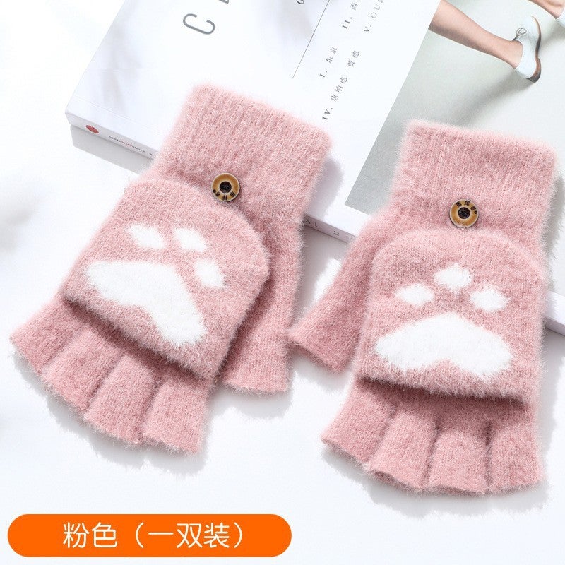 Cats Claw Gloves Womens Winter Warm fleece-lined Thickened Student Trendy Writing Cycling Cute Knitted Half Finger Flip Cover Gloves Cat claw powder