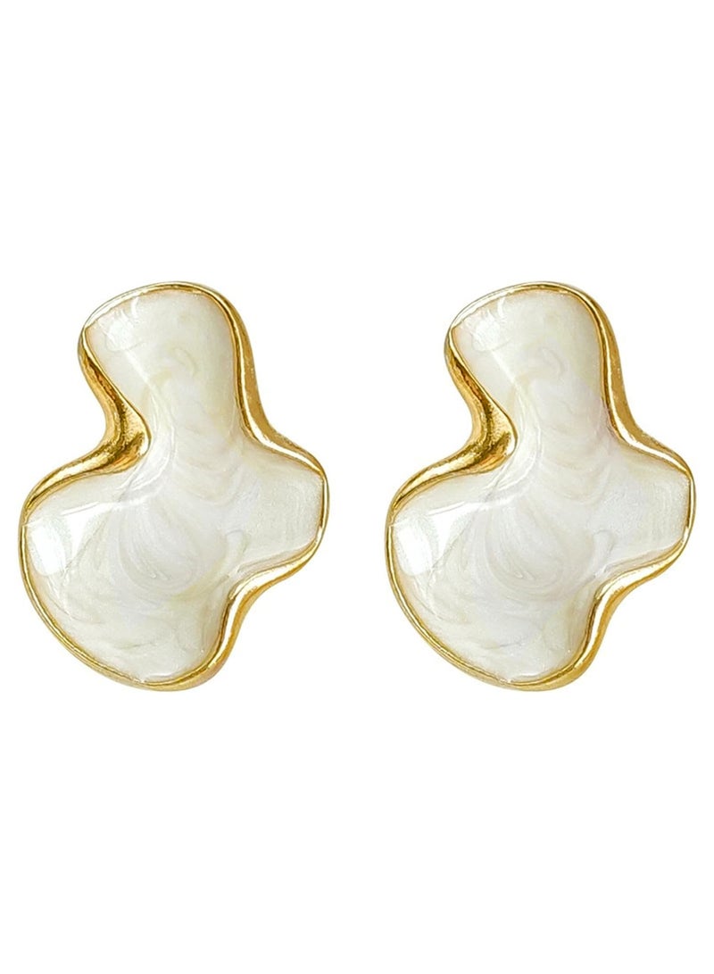 Julia Store 18K Gold Plated Irregular Statement Earrings for Women Unique Stainless Steel Petal White Enamel Large Stud Trendy Deluxe Dainty Minimalist Jewelry  - Image 1