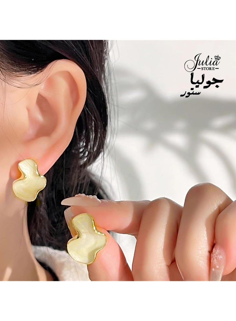 Julia Store 18K Gold Plated Irregular Statement Earrings for Women Unique Stainless Steel Petal White Enamel Large Stud Trendy Deluxe Dainty Minimalist Jewelry  - Image 2