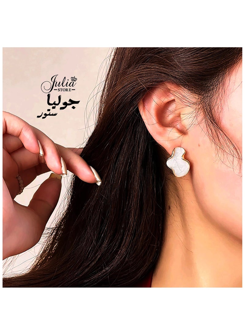 Julia Store 18K Gold Plated Irregular Statement Earrings for Women Unique Stainless Steel Petal White Enamel Large Stud Trendy Deluxe Dainty Minimalist Jewelry  - Image 3