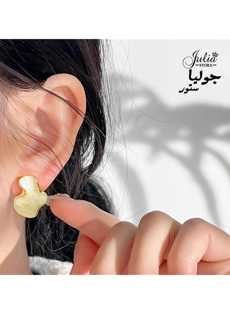 Julia Store 18K Gold Plated Irregular Statement Earrings for Women Unique Stainless Steel Petal White Enamel Large Stud Trendy Deluxe Dainty Minimalist Jewelry  - Image 4