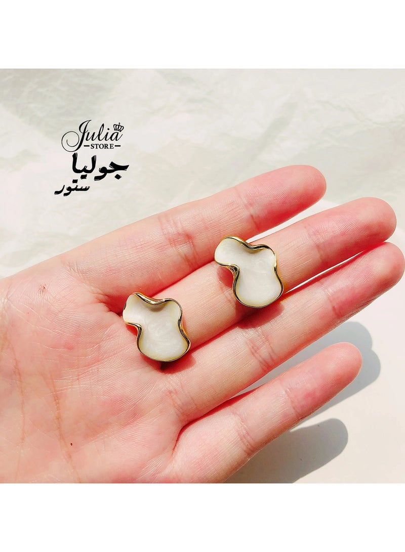 Julia Store 18K Gold Plated Irregular Statement Earrings for Women Unique Stainless Steel Petal White Enamel Large Stud Trendy Deluxe Dainty Minimalist Jewelry  - Image 5