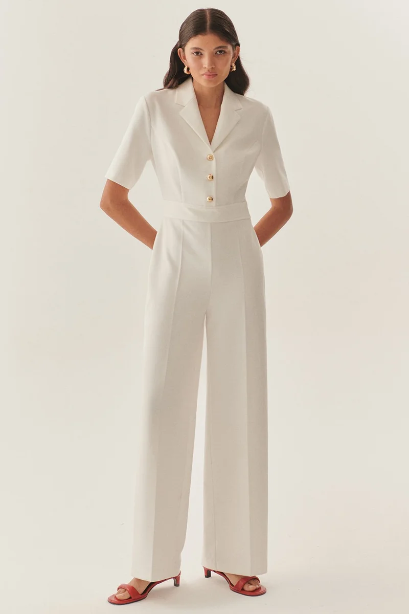 EXQUISE White Regular Jumpsuit with Gold Button Detail and Wrap Collar