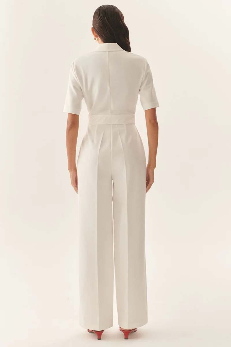 EXQUISE White Regular Jumpsuit with Gold Button Detail and Wrap Collar