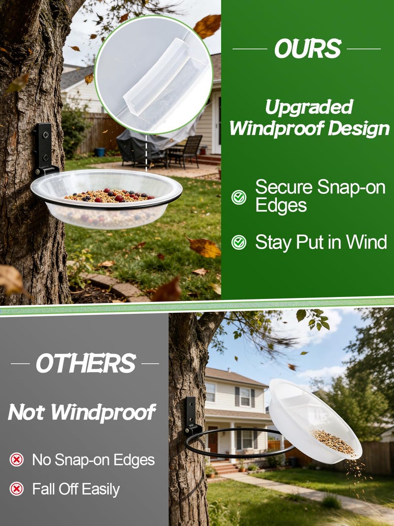 Alphatool Windproof Bird Feeders Tray - 2pcs Tree Mounted Wild Bird Bath for Outdoors Place Food Water, Installed on Wall Wooden Deck Fence with Heavy Duty Iron Ring, 7.2'' Dia. (Clear) - Image 2