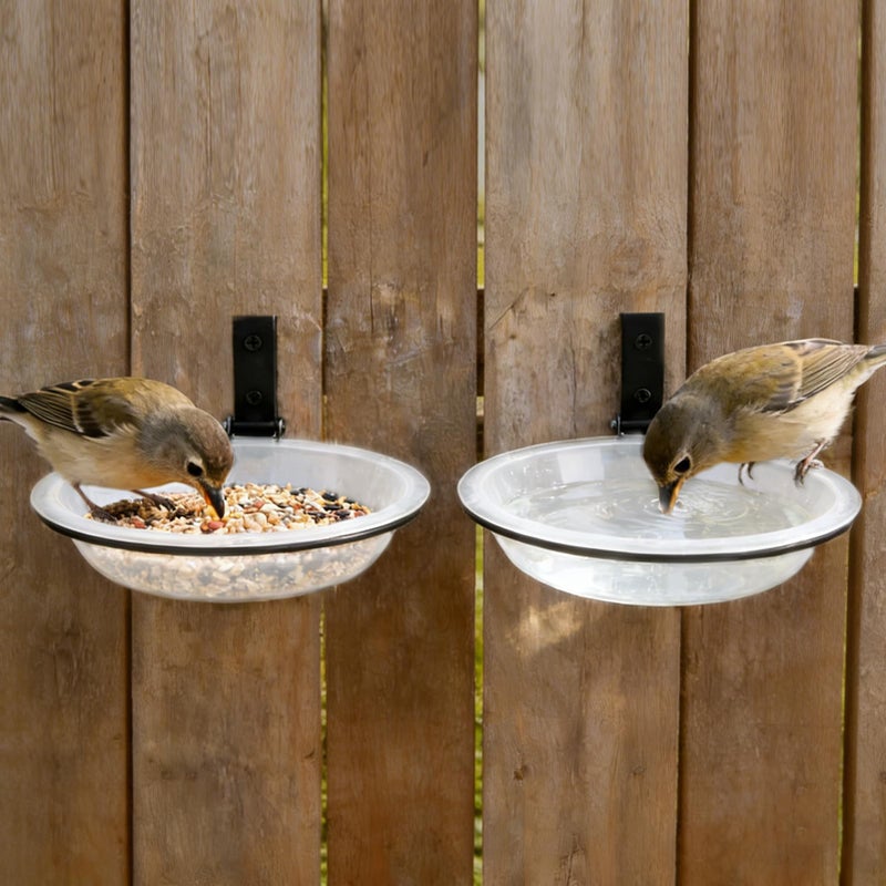 Alphatool Windproof Bird Feeders Tray - 2pcs Tree Mounted Wild Bird Bath for Outdoors Place Food Water, Installed on Wall Wooden Deck Fence with Heavy Duty Iron Ring, 7.2'' Dia. (Clear) - Image 1