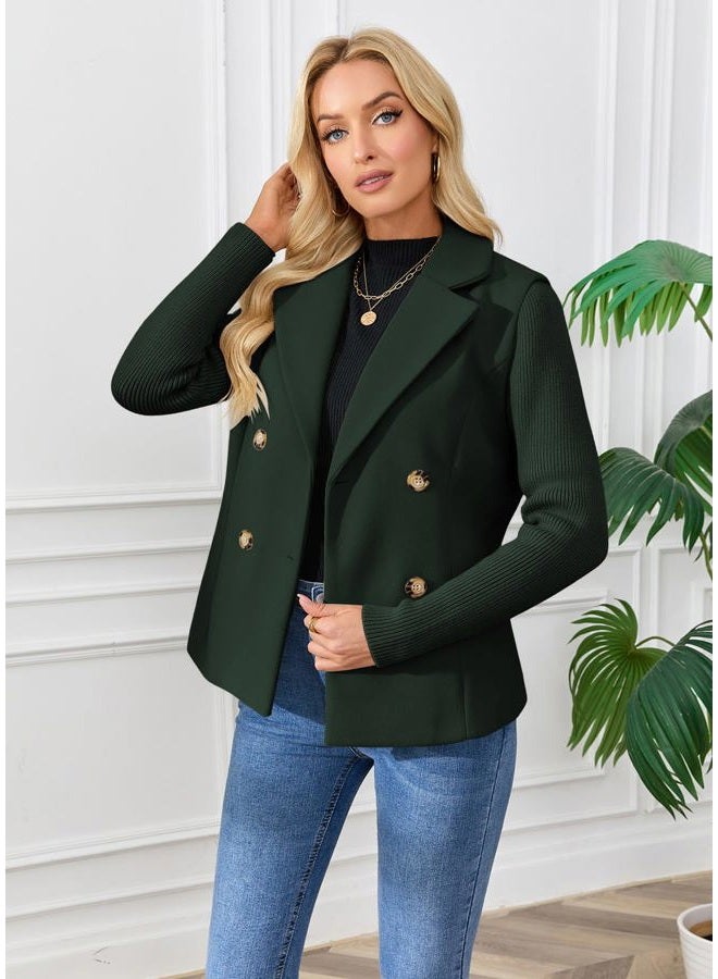 ebossy Women's Double Breasted Wool Pea Coat Notched Lapel Ribbed Knit Long Sleeve Sweater Short Blazer Jacket, Green, XL - Image 3