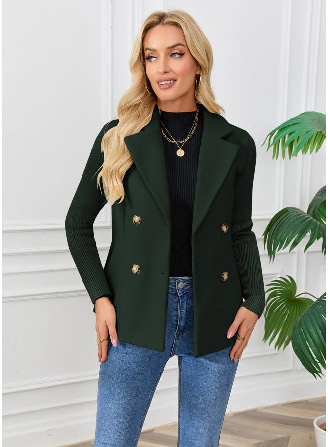 ebossy Women's Double Breasted Wool Pea Coat Notched Lapel Ribbed Knit Long Sleeve Sweater Short Blazer Jacket, Green, XL - Image 4