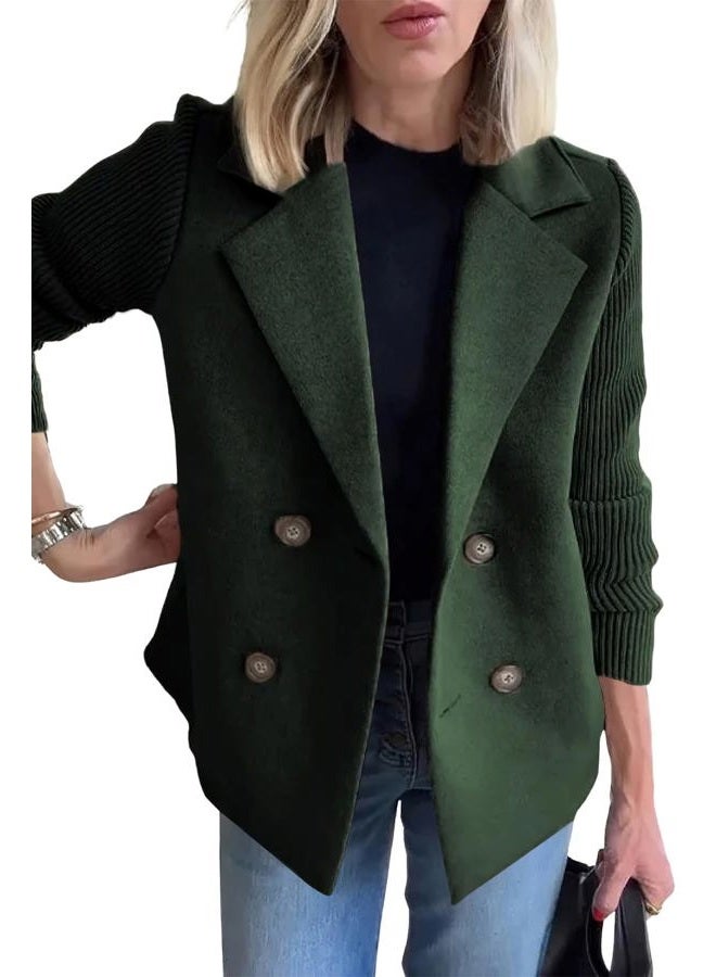 ebossy Women's Double Breasted Wool Pea Coat Notched Lapel Ribbed Knit Long Sleeve Sweater Short Blazer Jacket, Green, XL - Image 1