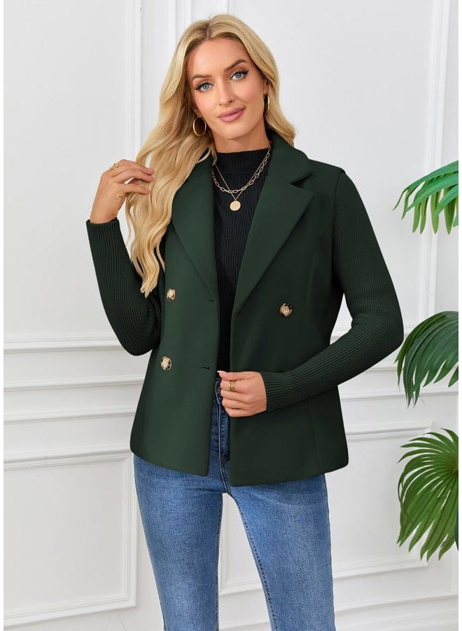 ebossy Women's Double Breasted Wool Pea Coat Notched Lapel Ribbed Knit Long Sleeve Sweater Short Blazer Jacket, Green, XL - Image 2