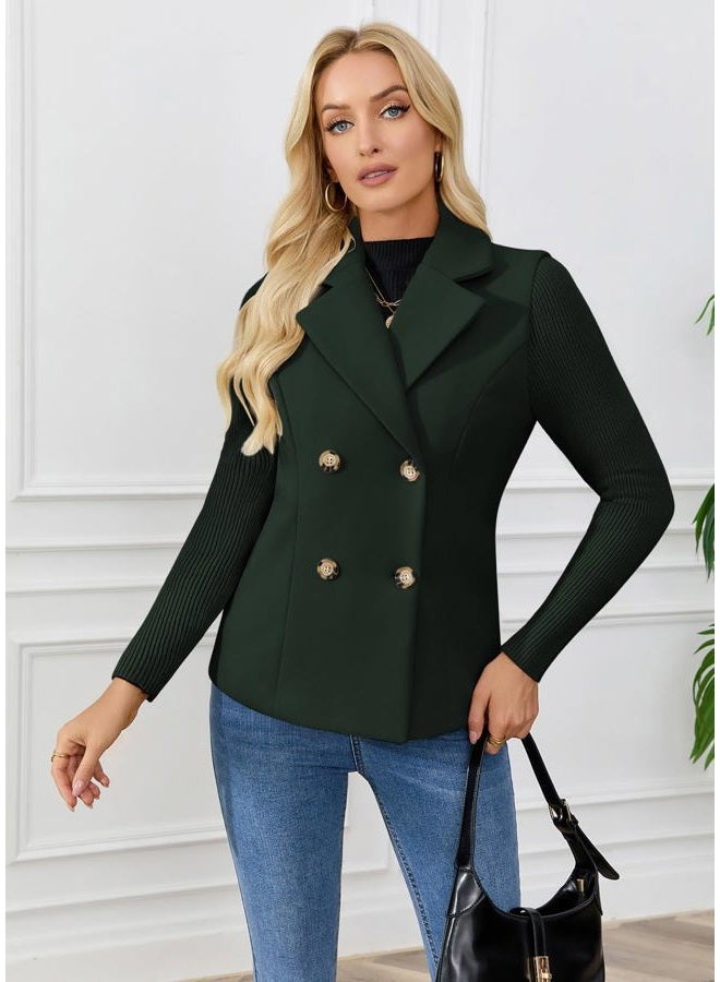 ebossy Women's Double Breasted Wool Pea Coat Notched Lapel Ribbed Knit Long Sleeve Sweater Short Blazer Jacket, Green, XL - Image 5