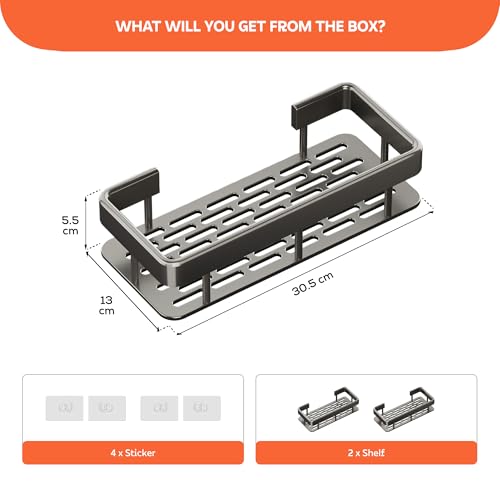 MIORAH Self Adhesive Bathroom Shelf, Rustproof ABS Wall Organizer Rack, No Drill Shower Storage Black Pack of 2 - Image 2
