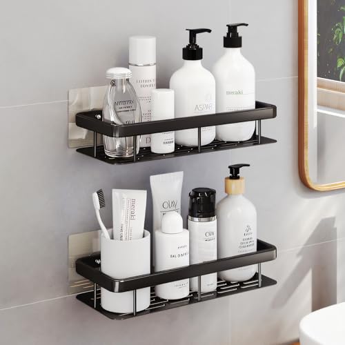 MIORAH Self Adhesive Bathroom Shelf, Rustproof ABS Wall Organizer Rack, No Drill Shower Storage Black Pack of 2 - Image 1
