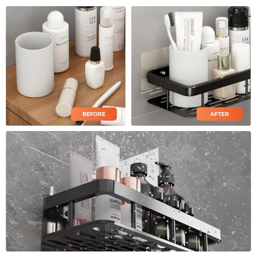 MIORAH Self Adhesive Bathroom Shelf, Rustproof ABS Wall Organizer Rack, No Drill Shower Storage Black Pack of 2 - Image 5