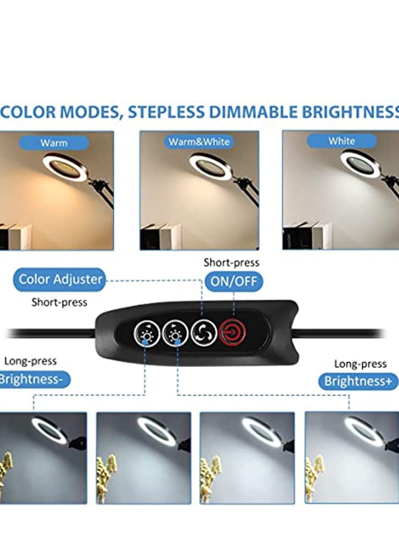 SYOSI Magnifying Desk Lamp, 8 Diopter, 5X Real Glass Lens, 3 Color Modes, Stepless Dimmable, Adjustable Swivel Arm with Clamp, LED Magnifier Light and Stand for Crafts, Reading, Close Work  - Image 4