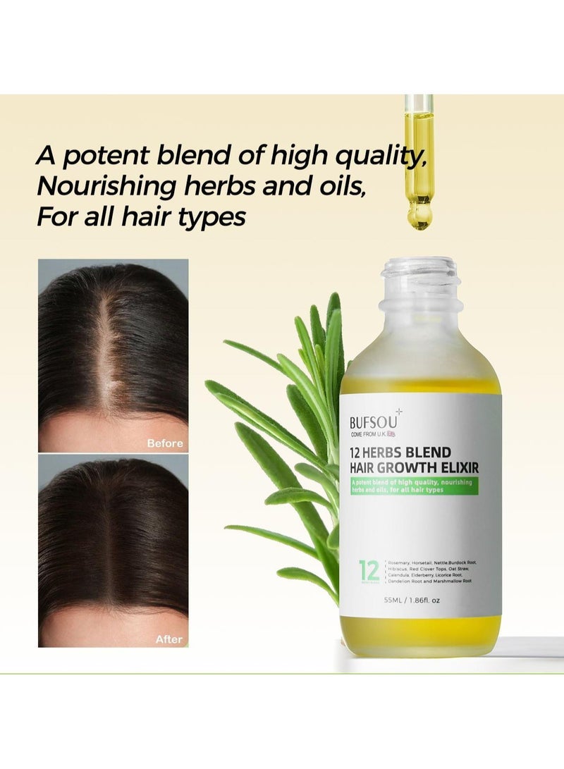 BUFSOU 12 Herbs Hair Elixir â€“ Herbal Oil Blend with Rosemary, Jojoba, Lavender, Macadamia & Mentha â€“ Nourishing and Strengthening Treatment for All Hair Types â€“ 100% Natural Formula - Image 4