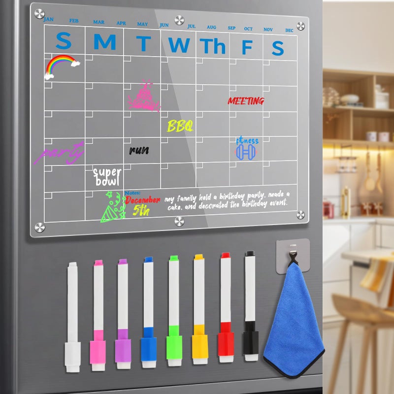 Neutechno Fridge Calendar 15"x11", Magnetic Calendar for Refrigerator, Acrylic Whiteboard Calender Dry Erase, Monthly Meal Planner for Refrigerator, w/8 Markers (Blue) - Image 1