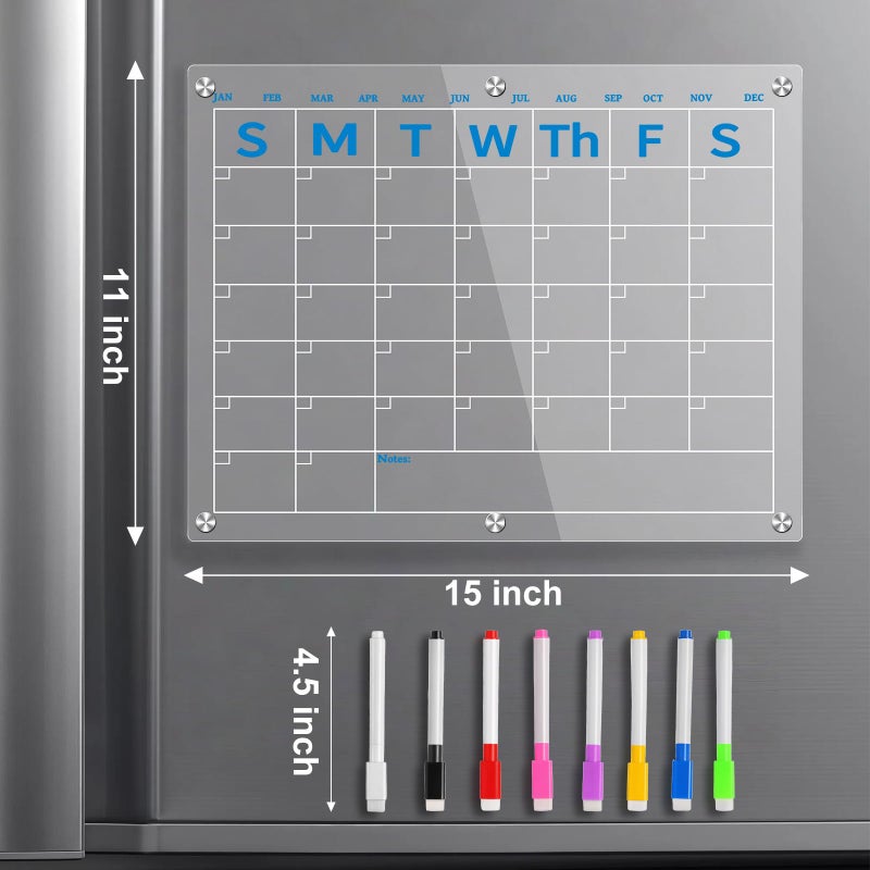Neutechno Fridge Calendar 15"x11", Magnetic Calendar for Refrigerator, Acrylic Whiteboard Calender Dry Erase, Monthly Meal Planner for Refrigerator, w/8 Markers (Blue) - Image 3