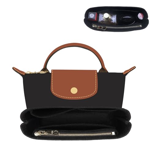 OAikor Felt Purse Organizer Insert Compatible with Longchamp Le Pliage Mini Original/Green Pouch and More, Small Bag Insert with Zipper for Women Handbag(Mini, Black) - Image 1