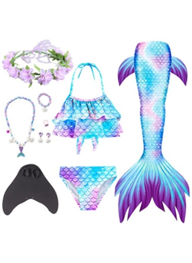 GGEROU Girls Swimwear Mermaid Tail Swimwear,Bikini Sets with Head Garland Necklace Hair Clip,Mermaid Costume Swimsuits for Kids  - Image 1