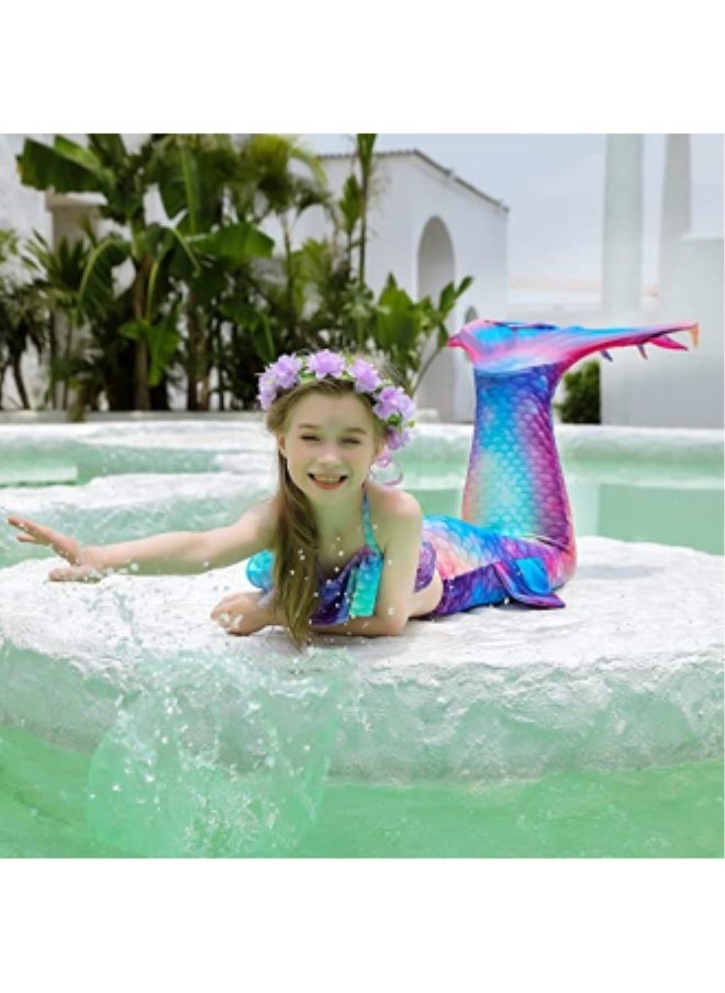 GGEROU Girls Swimwear Mermaid Tail Swimwear,Bikini Sets with Head Garland Necklace Hair Clip,Mermaid Costume Swimsuits for Kids  - Image 3