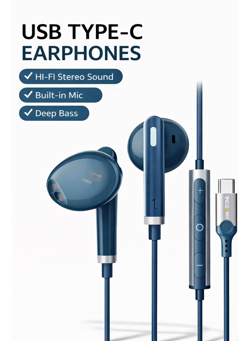 Hamzone USB Type-C Wired Earphones with Mic – Hi-Fi Stereo Sound, Deep Bass, Noise Isolation, Volume Control, Compatible with Android Smartphones & Tablets - Image 1