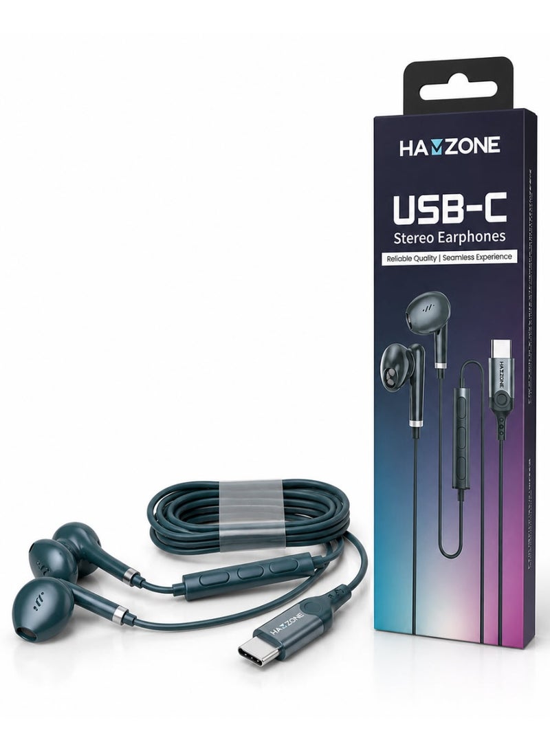 Hamzone USB Type-C Wired In-Ear Headphones With Mic, Hi-Fi Stereo Sound, Deep Bass, Noise Isolation, Volume Control, Compatible with iPhone 15 Series, Samsung Galaxy, iPad Air, PC Blue - Image 1