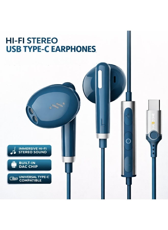 Hamzone USB Type-C Wired Earphones with Mic – Hi-Fi Stereo Sound, Deep Bass, Noise Isolation, Volume Control, Compatible with Android Smartphones & Tablets