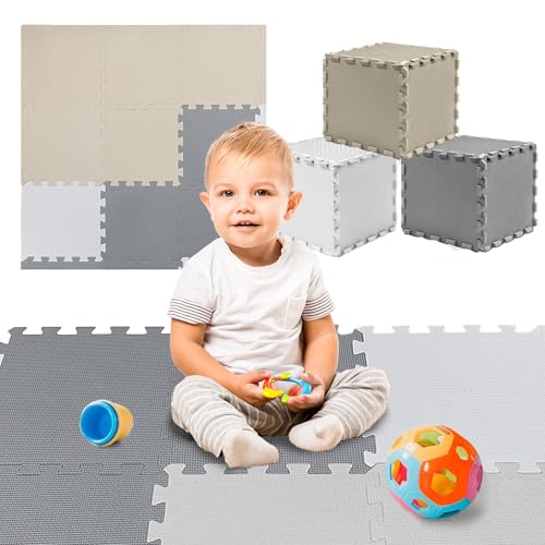 TOYVELT Foam Puzzle Floor Mat for Kids 12x1232 Interlocking Play Mat Tiles with Colors Educational Large Puzzle Foam Floor Tiles for Crawling NonToxic CreamGrayBeige - Image 1