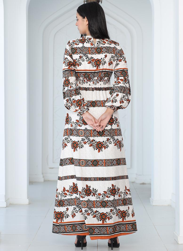 فرايديين كلاسيك دائري زهري هندسي طباعة الزهور كم الفانوس فساتين طويلة برتقالي - Image 2