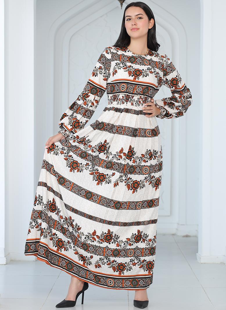 فرايديين كلاسيك دائري زهري هندسي طباعة الزهور كم الفانوس فساتين طويلة برتقالي - Image 1