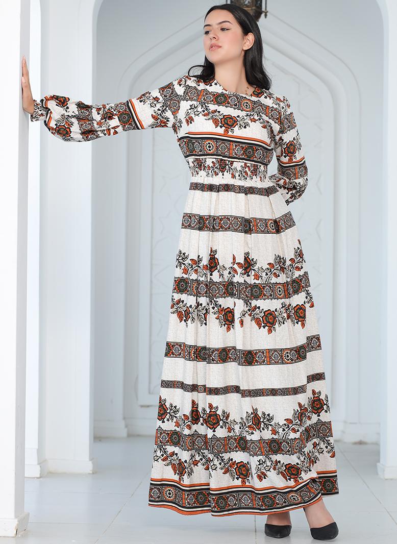 فرايديين كلاسيك دائري زهري هندسي طباعة الزهور كم الفانوس فساتين طويلة برتقالي - Image 5