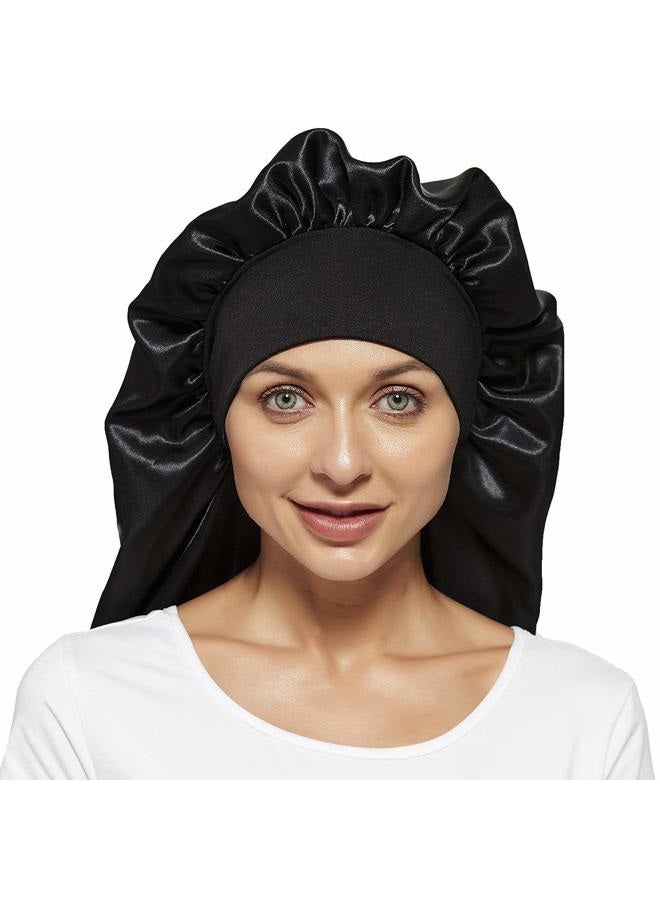 Wbfwbb Braid Bonnet for Sleeping, Wide Elastic Band Satin Hair Wrap Sleeping Cap for Women Cap for Braids, Curly, Long Hair Black - Image 3