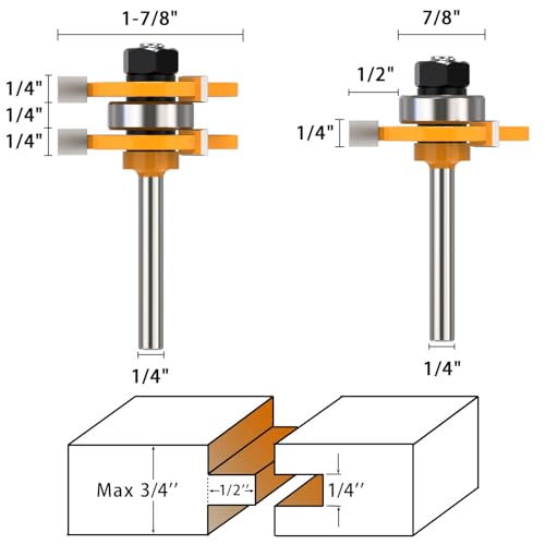Helovmine 1/4 Inch Shank Tongue and Groove Router Bit Tool Set 3 Teeth Adjustable Router Bit 45 Degree Lock Miter Router Bits Woodworking Set- 1/2" 9/16" 3/4" Cutting Height Woodworking Glue Joint Tools - Image 2