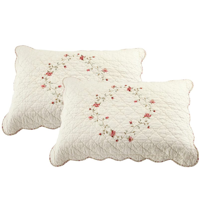 vctops 2-Piece Elegant Floral Embroidered Pillow Shams Queen Size 100% Cotton Quilted Decorative Pillow Shams Set (Cream,20"x28") - Image 1