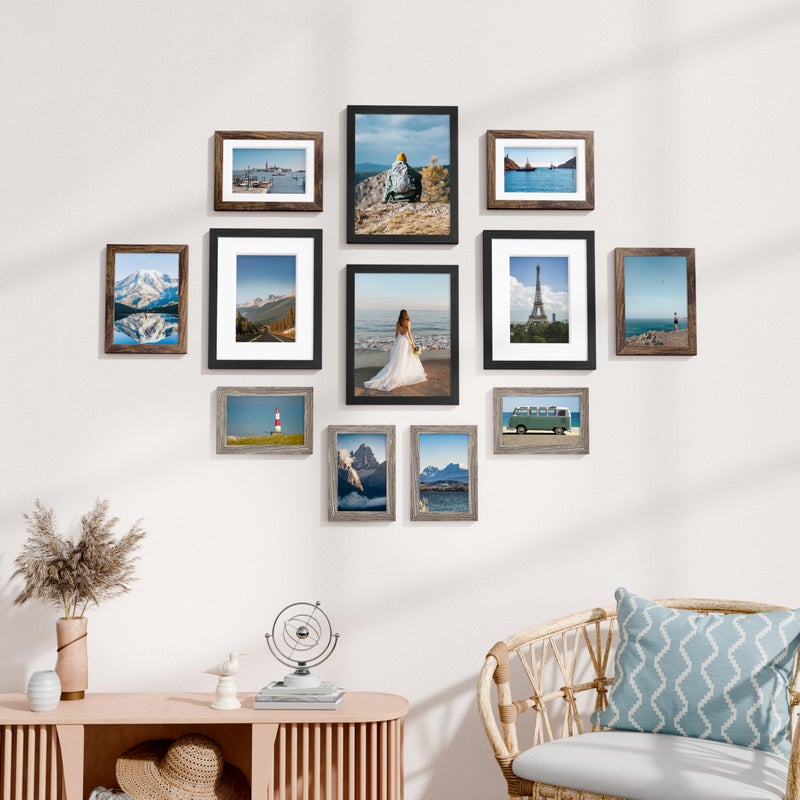 Vittanly 12 Pack Picture Frames Collage Wall Decor for Mounting or Tabletop Display, Gallery Wall Frame Set for Family, Multi Sizes Including 4pcs 8x10, 4pcs 5x7, 4pcs 4x6, Black, Brown and Dark Grey - Image 2