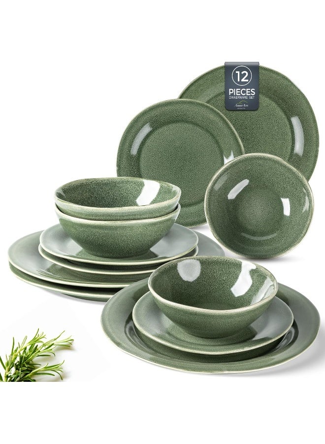 AmorArc طقم أدوات المائدة الخزفية من AmorArc، مصنوع يدويًا من الفخار، أطباق وأوعية بتزجيج تفاعلي، مجموعة مقاومة للخدوش، آمنة في غسالة الصحون والميكروويف، طقم خدمة لـ 4 أشخاص، 12 قطعة - Image 1