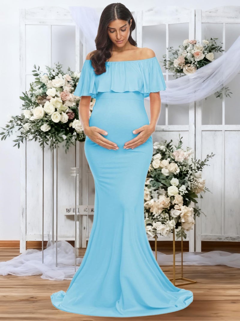 Glampunch Womens Off Shoulder Maternity Dress Ruffles Elegant Slim Gowns Fit Maxi Photography Dress Sky Blue - Image 2