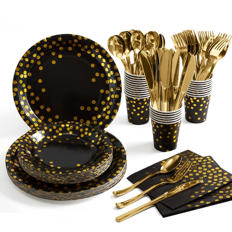 HOMIX Black and Gold Party Supplies 175 Pieces Disposable Black Paper Plates Napkins Cups  Gold Plastic Forks Knives Spoons for Graduation  Birthday  Cocktail Party Serves 25 - Image 1