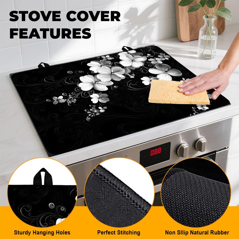 BVBOX Stove Top Cover Retro Flower Gas Stove Top Cover for Home Decoration Kitchen Pad Non-Stick Washable Cooktop Covers Countertop Protector Keep Stove Clean 28"x20" (White flower-2) - Image 2
