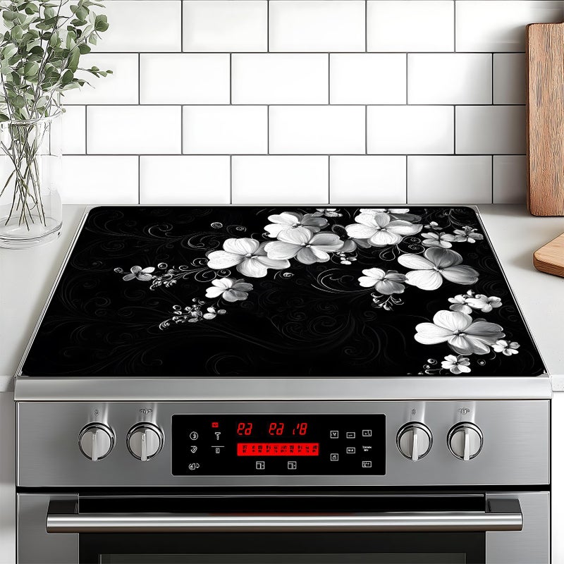 BVBOX Stove Top Cover Retro Flower Gas Stove Top Cover for Home Decoration Kitchen Pad Non-Stick Washable Cooktop Covers Countertop Protector Keep Stove Clean 28"x20" (White flower-2) - Image 1
