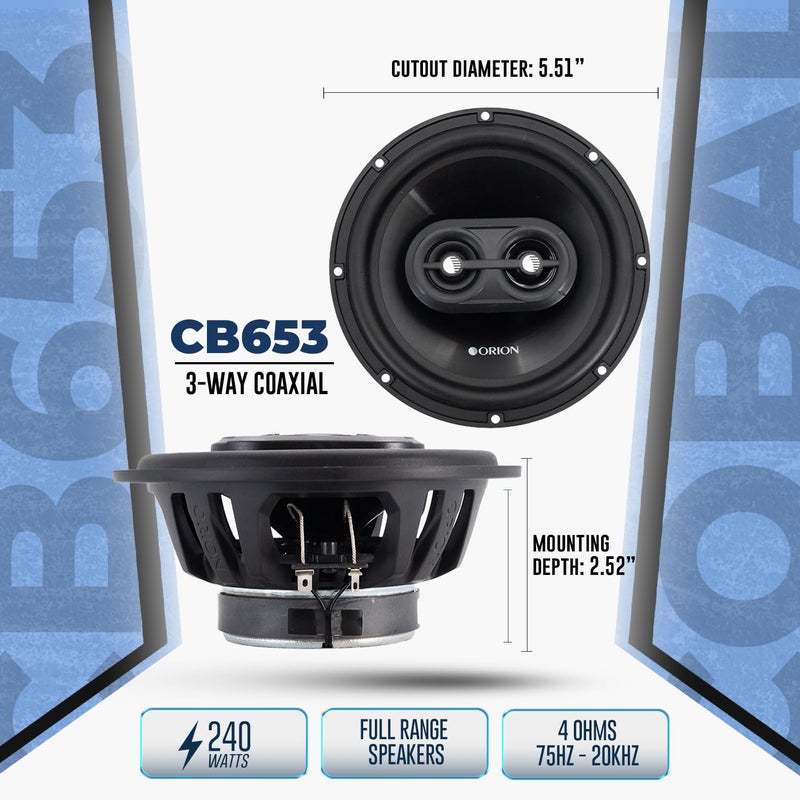 ORION Cobalt Series CB653 6.5â€ 3-Way Coaxial Car Speakers, 240W, 4 Ohms, Full Range, Enhanced Bass, Polypropylene Cone & Butyl Rubber Surround, Easy Install (Pair) - Image 3