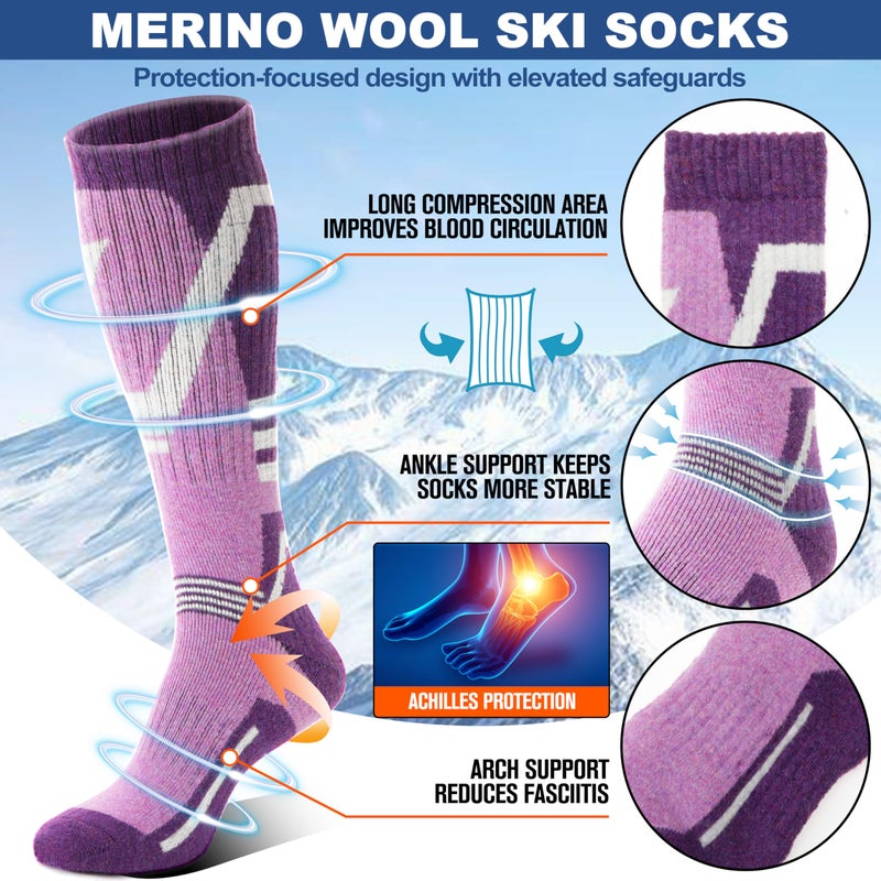 Sandsuced Merino Wool Ski Socks for Mens Womens Winter Thermal Warm Thick Knee High Snowboarding Skiing Socks for Cold Weather 3 Pairs Gifts Stocking Stuffers(Red/Blue/Purple,M) - Image 4