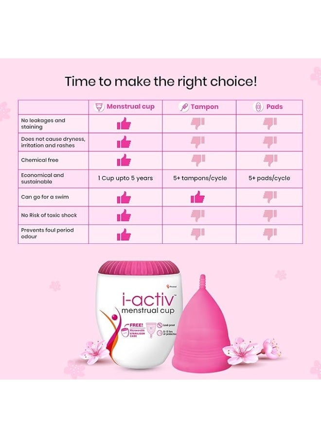 i-activ Menstrual Cup | Free Sterilizer Case | Rash-Free, Leak-Free & Ultra Soft Period Cups For Women | Mensurational Cup | 100% Medical Grade Silicone | 8-10 hrs protection | Pack of 1 (Medium) - Image 2